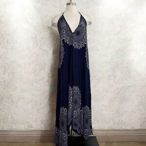 Vintage Y2K Paisley Blue Maxi Dress Paisley Boho Small Halter White